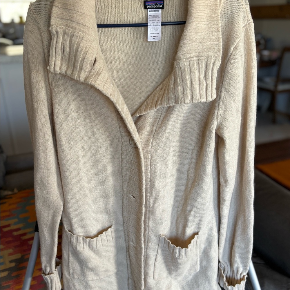 Patagonia Women’s Lambswool Sweater Coat Cardigan Cream Ivory Medium Pockets
